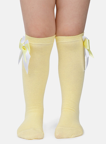 Baby Girl Knee Socks with Satin Double Bow - Lemon Yellow & White