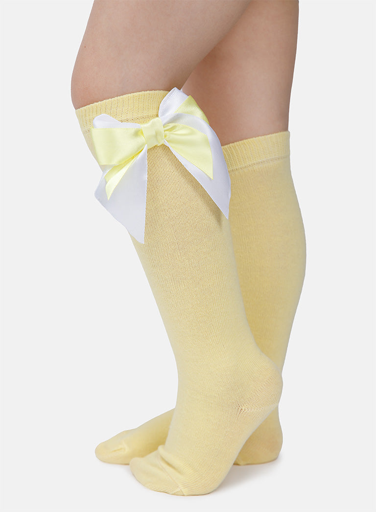 Baby Girl Knee Socks with Satin Double Bow - Lemon Yellow & White