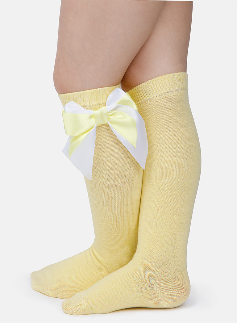 Baby Girl Knee Socks with Satin Double Bow - Lemon Yellow & White