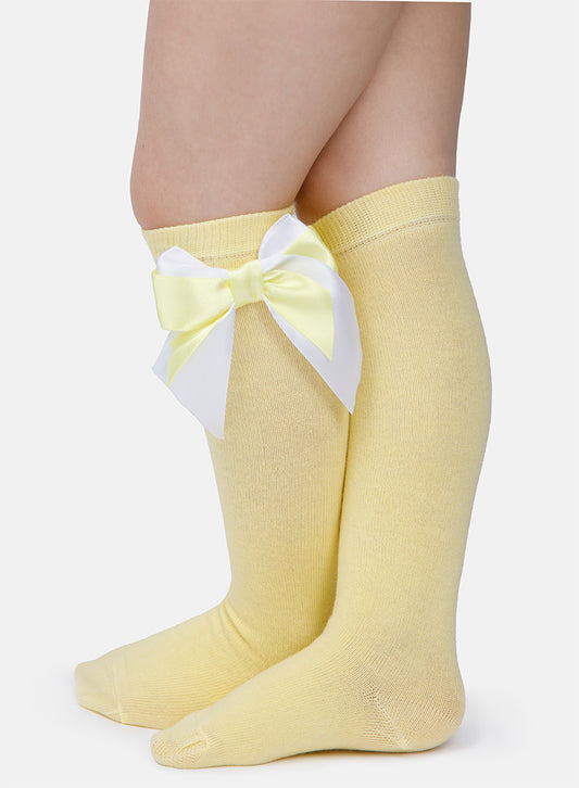 Baby Girl Knee Socks with Satin Double Bow - Lemon Yellow & White