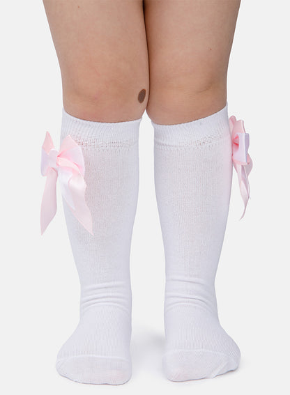 Baby Girl Knee Socks with Satin Double Bow - White & Baby Pink