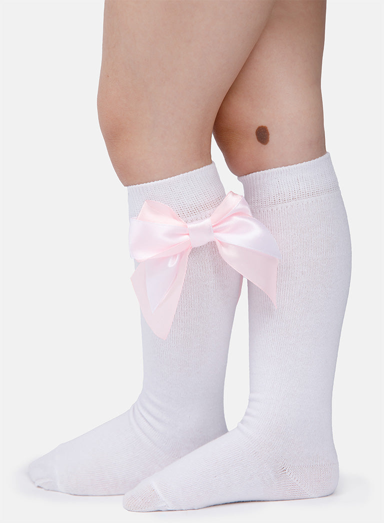 Baby Girl Knee Socks with Satin Double Bow - White & Baby Pink