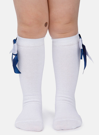 Baby Girl Knee Socks with Satin Double Bow - White & Navy Blue