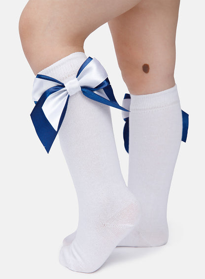 Baby Girl Knee Socks with Satin Double Bow - White & Navy Blue