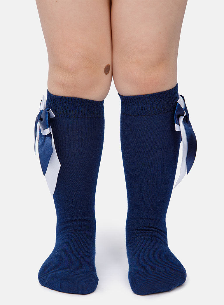 Baby Girl Knee Socks with Satin Double Bow - Navy Blue & White