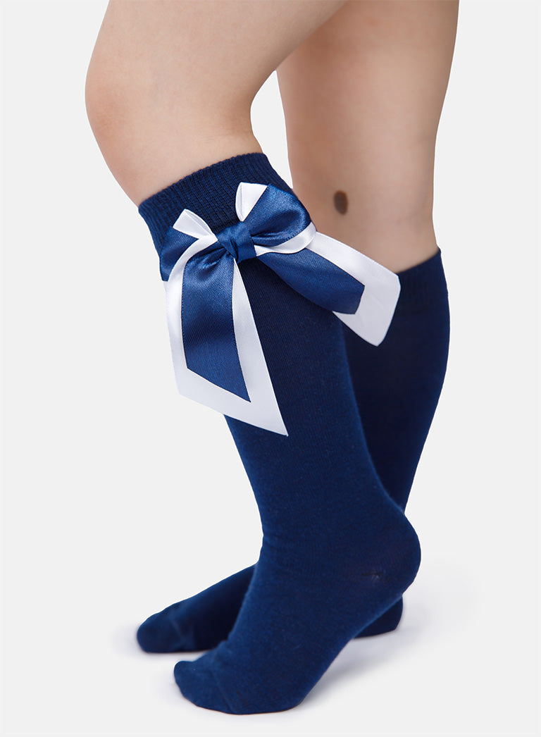 Baby Girl Knee Socks with Satin Double Bow - Navy Blue & White