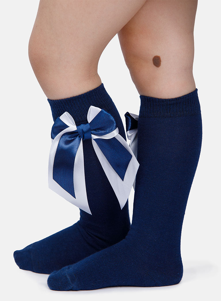 Baby Girl Knee Socks with Satin Double Bow - Navy Blue & White