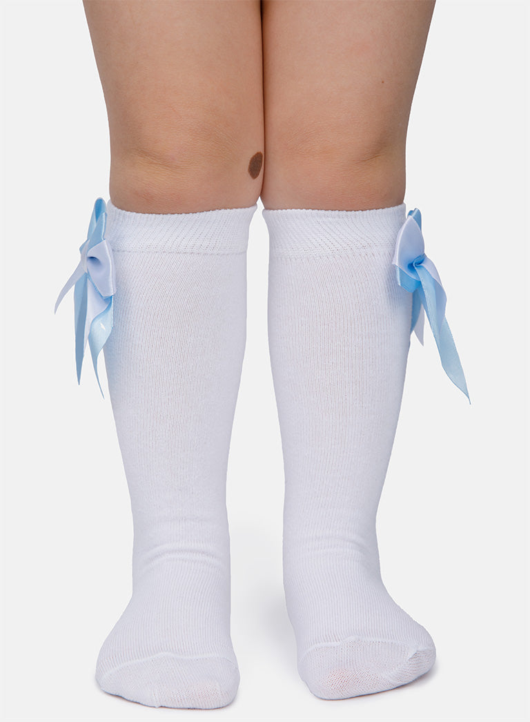 Baby Girl Knee Socks with Satin Double Bow - White & Baby Blue