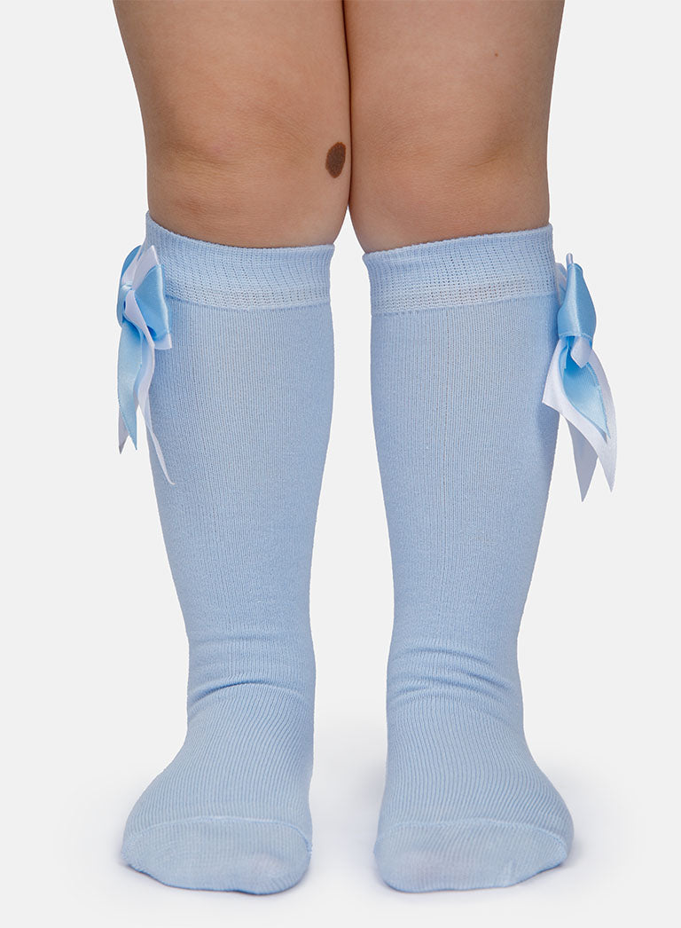 Baby Girl Knee Socks with Satin Double Bow - Baby Blue & White