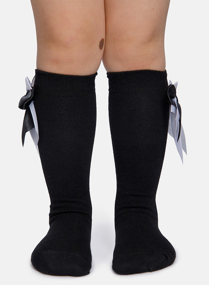 Baby Girl Knee Socks with Satin Double Bow - Black & White