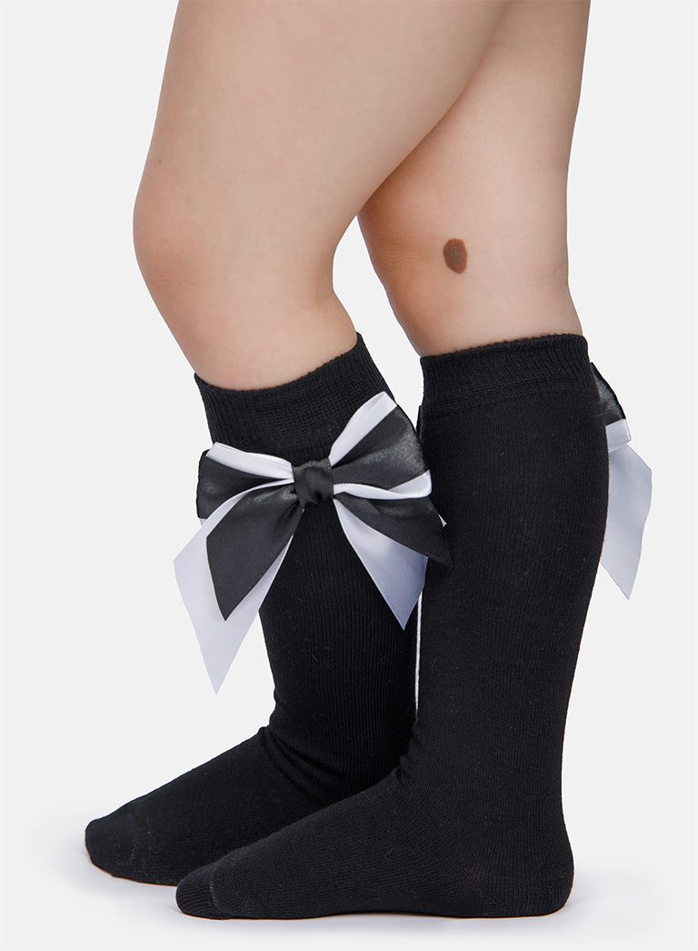 Baby Girl Knee Socks with Satin Double Bow - Black & White