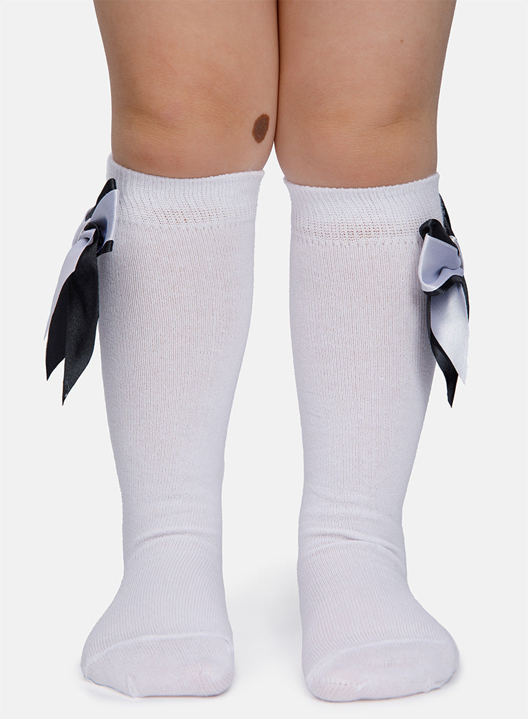 Baby Girl Knee Socks with Satin Double Bow - White & Black