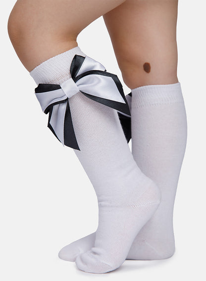 Baby Girl Knee Socks with Satin Double Bow - White & Black