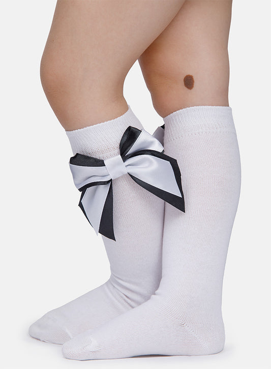Baby Girl Knee Socks with Satin Double Bow - White & Black