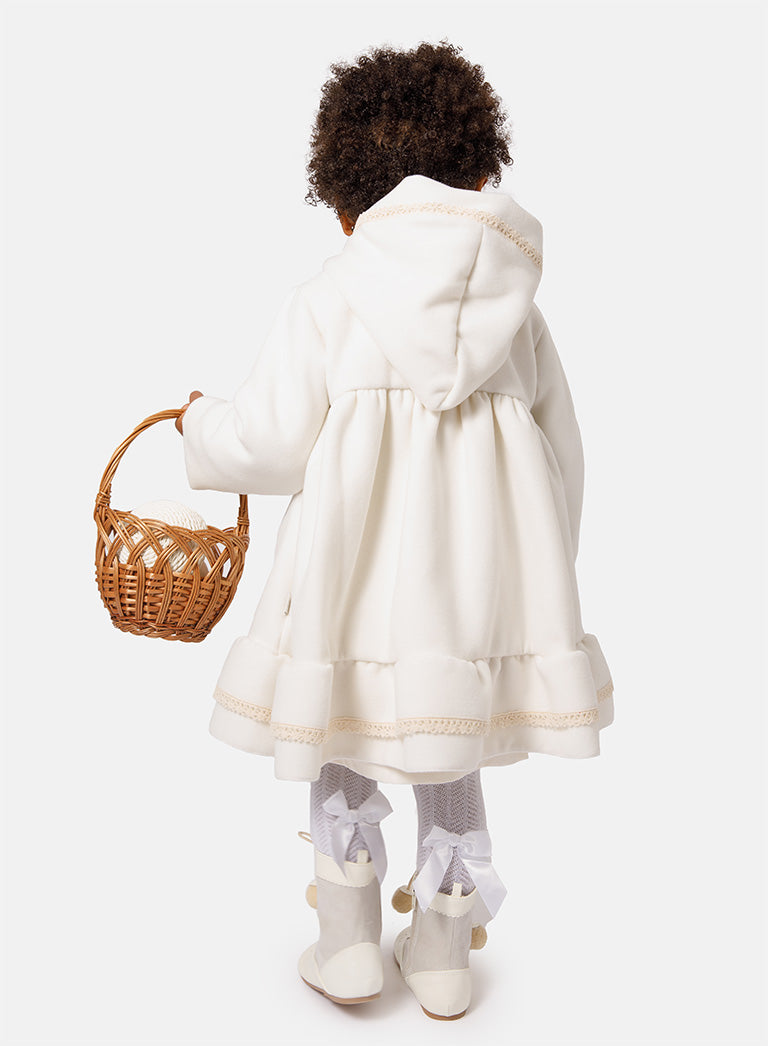 Baby Girl Elegant Spanish Coat with Lace Trim - Ivory