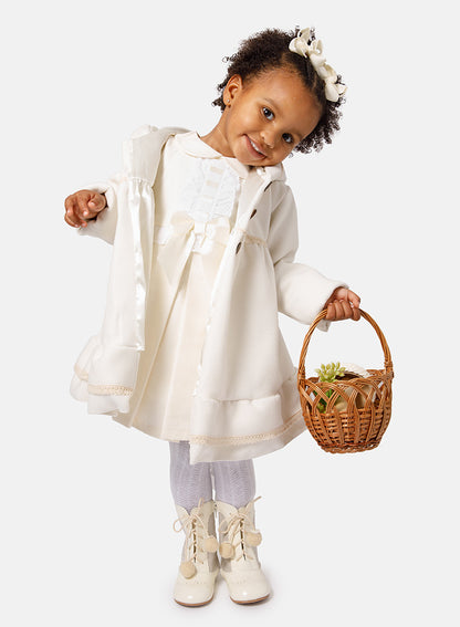 Baby Girl Elegant Spanish Coat with Lace Trim - Ivory