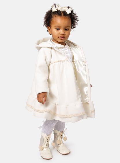 Baby Girl Elegant Spanish Coat with Lace Trim - Ivory