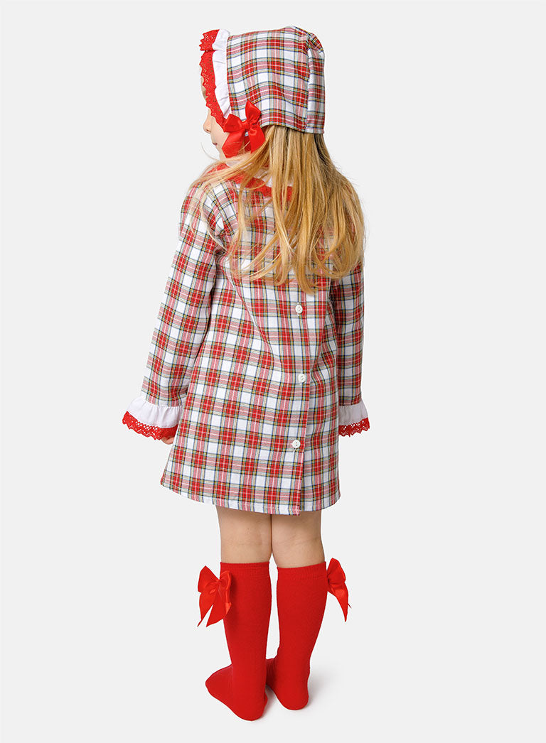 Baby Girl Christmas Reindeer Tartan Dress with Bonnet - Red & White