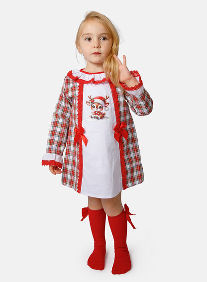 Baby Girl Christmas Reindeer Tartan Dress with Bonnet - Red & White