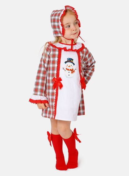 Baby Girl Christmas Snowman Tartan Dress with Bonnet - Red and White