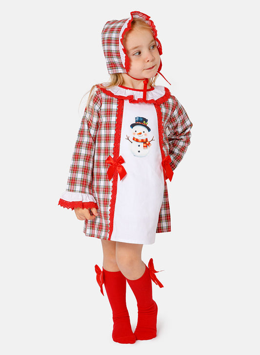 Baby Girl Christmas Snowman Tartan Dress with Bonnet - Red and White