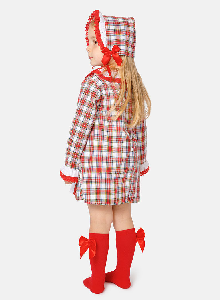 Baby Girl Christmas Snowman Tartan Dress with Bonnet - Red and White