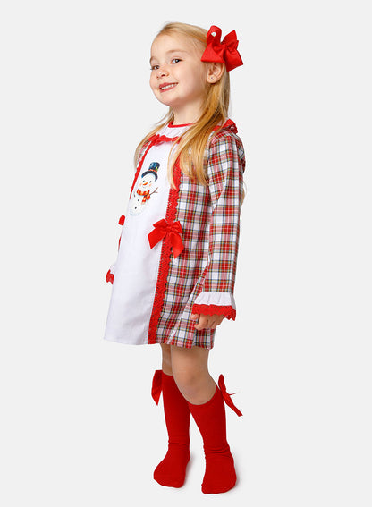 Baby Girl Christmas Snowman Tartan Dress with Bonnet - Red and White