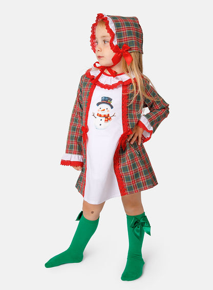 Baby Girl Christmas Snowman Tartan Dress with Bonnet - Red & Emerald