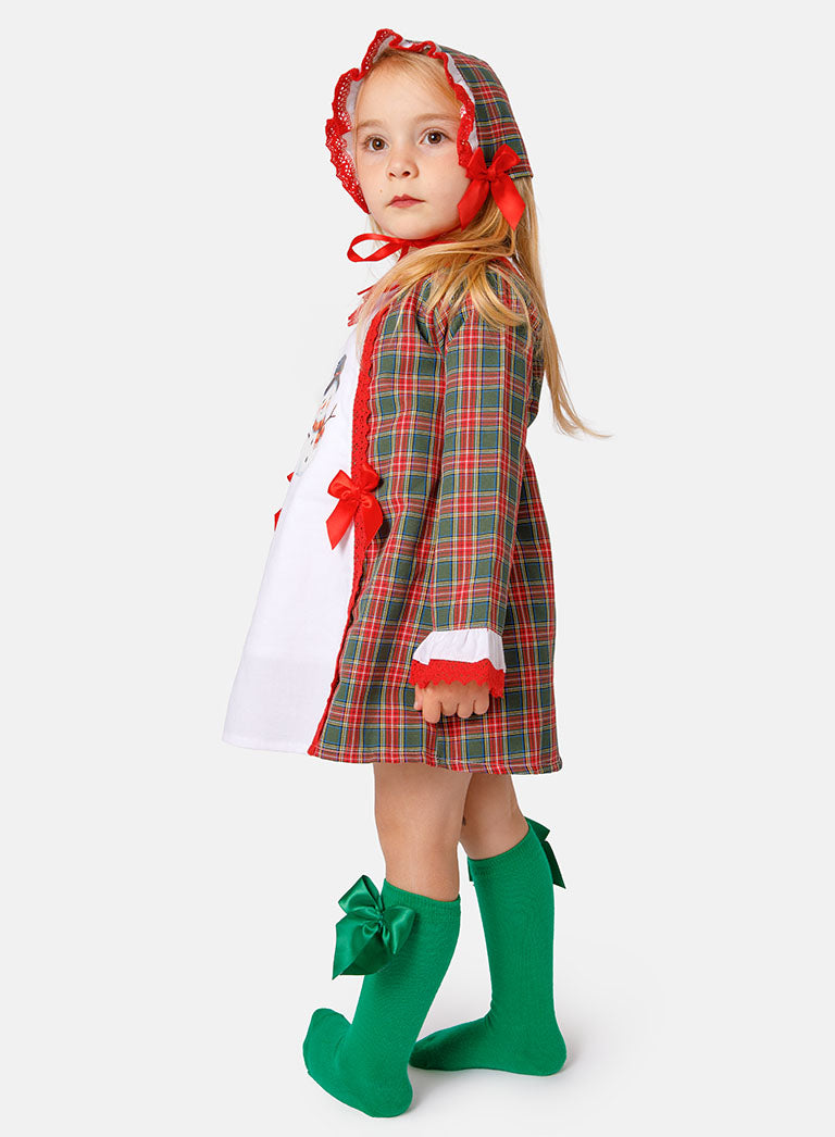 Baby Girl Christmas Snowman Tartan Dress with Bonnet - Red & Emerald