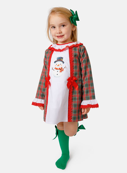 Baby Girl Christmas Snowman Tartan Dress with Bonnet - Red & Emerald