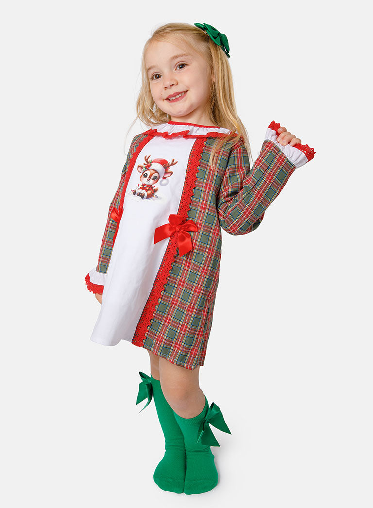 Baby Girl Christmas Reindeer Tartan Dress with Bonnet - Red & Emerald
