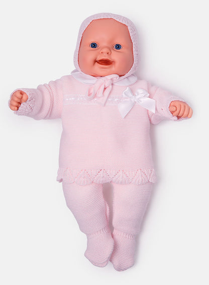 Baby Girl Bow Accent & Lace Detail 3-Piece Knitted Gift Box Set - Baby Pink