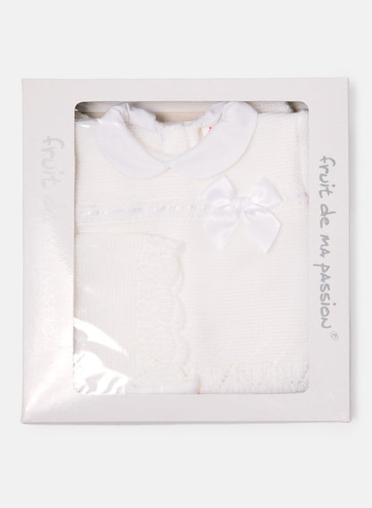 Baby Girl Bow Accent & Lace Detail 3-Piece Knitted Gift Box Set - Ivory