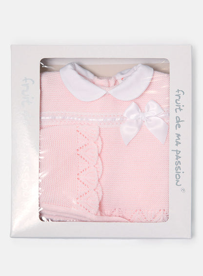 Baby Girl Bow Accent & Lace Detail 3-Piece Knitted Gift Box Set - Baby Pink
