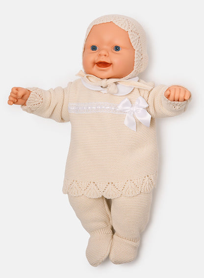 Baby Girl Bow Accent & Lace Detail 3-Piece Knitted Gift Box Set - Beige