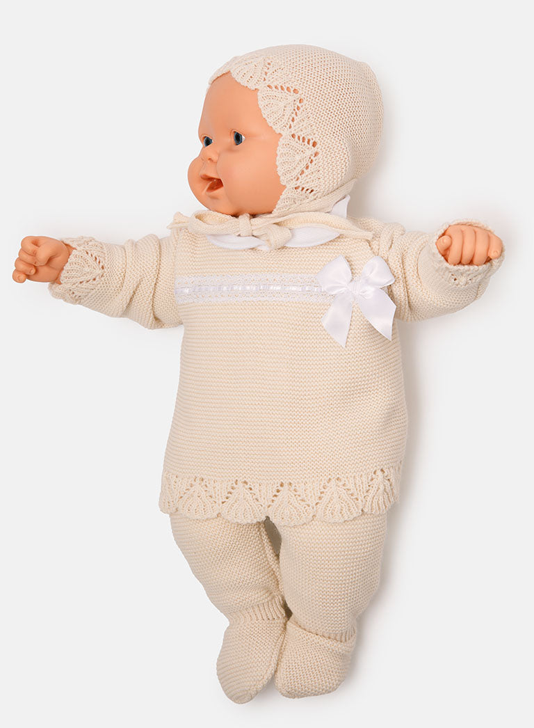 Baby Girl Bow Accent & Lace Detail 3-Piece Knitted Gift Box Set - Beige