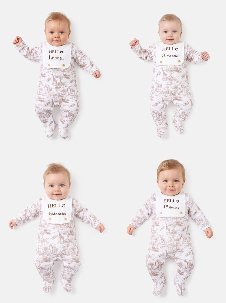 "Hello 1,3,6,12 Months" Embroidered Baby Grow with Attached Small Bib - Safari Collection - Beige