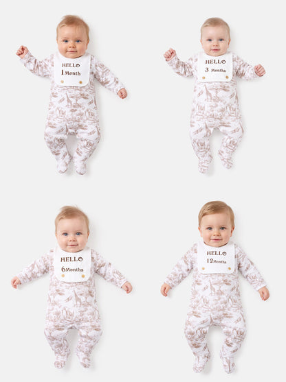 "Hello 1,3,6,12 Months" Embroidered Baby Grow with Attached Small Bib - Safari Collection - Beige