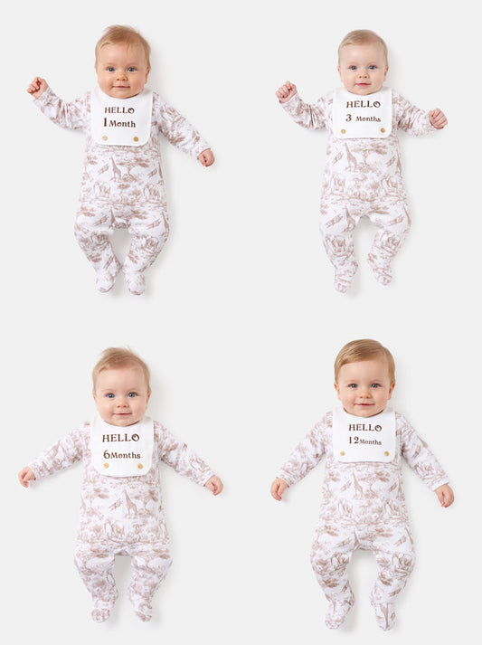 "Hello 1,3,6,12 Months" Embroidered Baby Grow with Attached Small Bib - Safari Collection - Beige