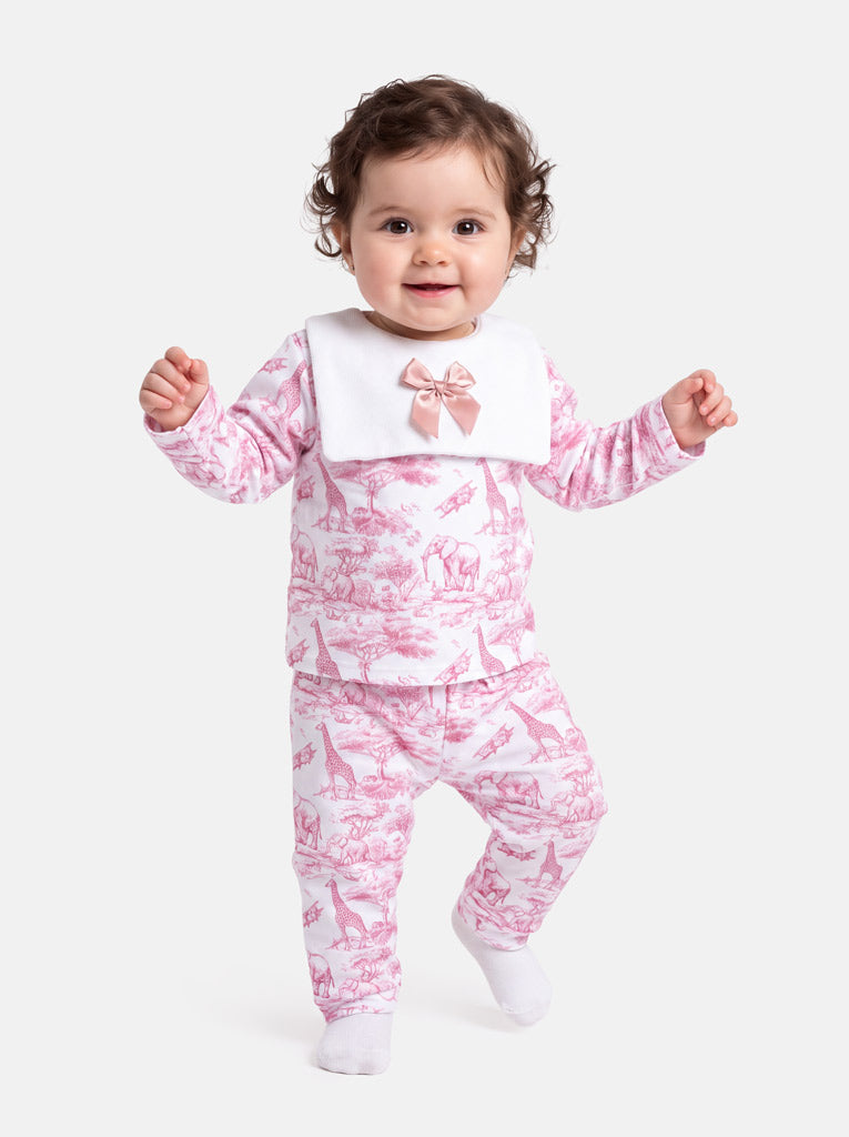 Baby Velour 2-Piece Pyjama Set with Attached Bib and Bow - Safari Collection - Baby Pink