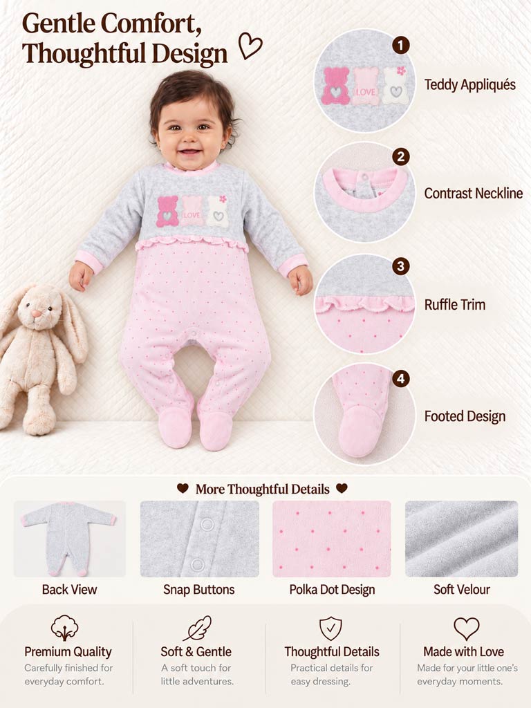 Velour Baby Grow for Girls Sofia Collection with 3 Little Bears - Pink