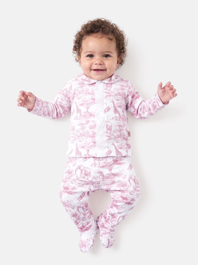 Baby Long-Sleeve 2-Piece Pyjama Set with Lace Detail - Safari Collection - Baby Pink