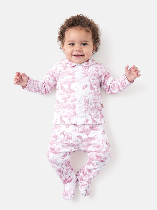 Baby Long-Sleeve 2-Piece Pyjama Set with Lace Detail - Safari Collection - Baby Pink