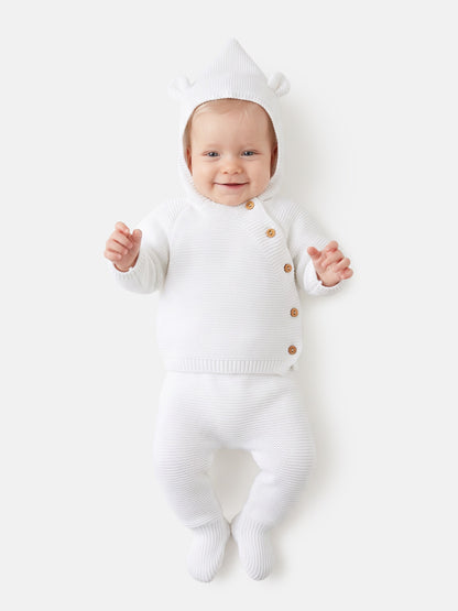 Baby 2-Piece Knitted Set with Hooded Top & Footed Trousers - White