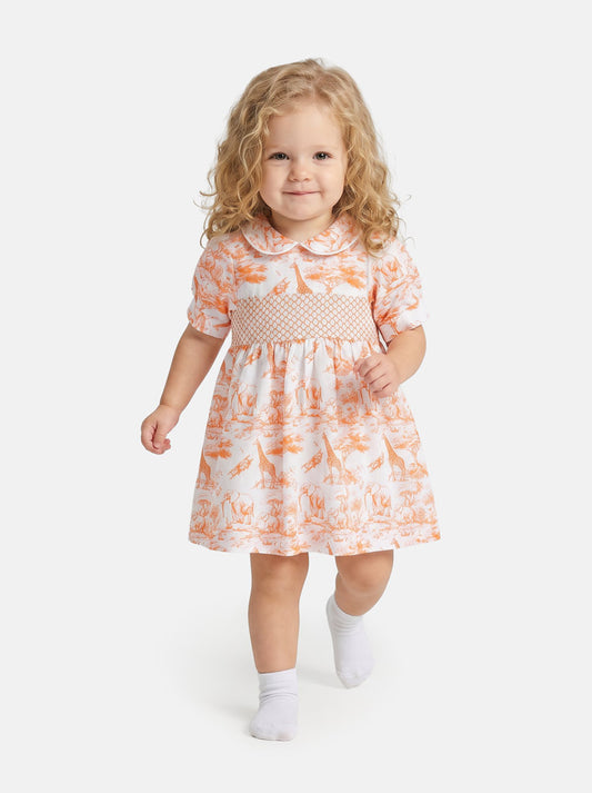 Baby Girl Smocked Summer Dress Safari Collection - Orange