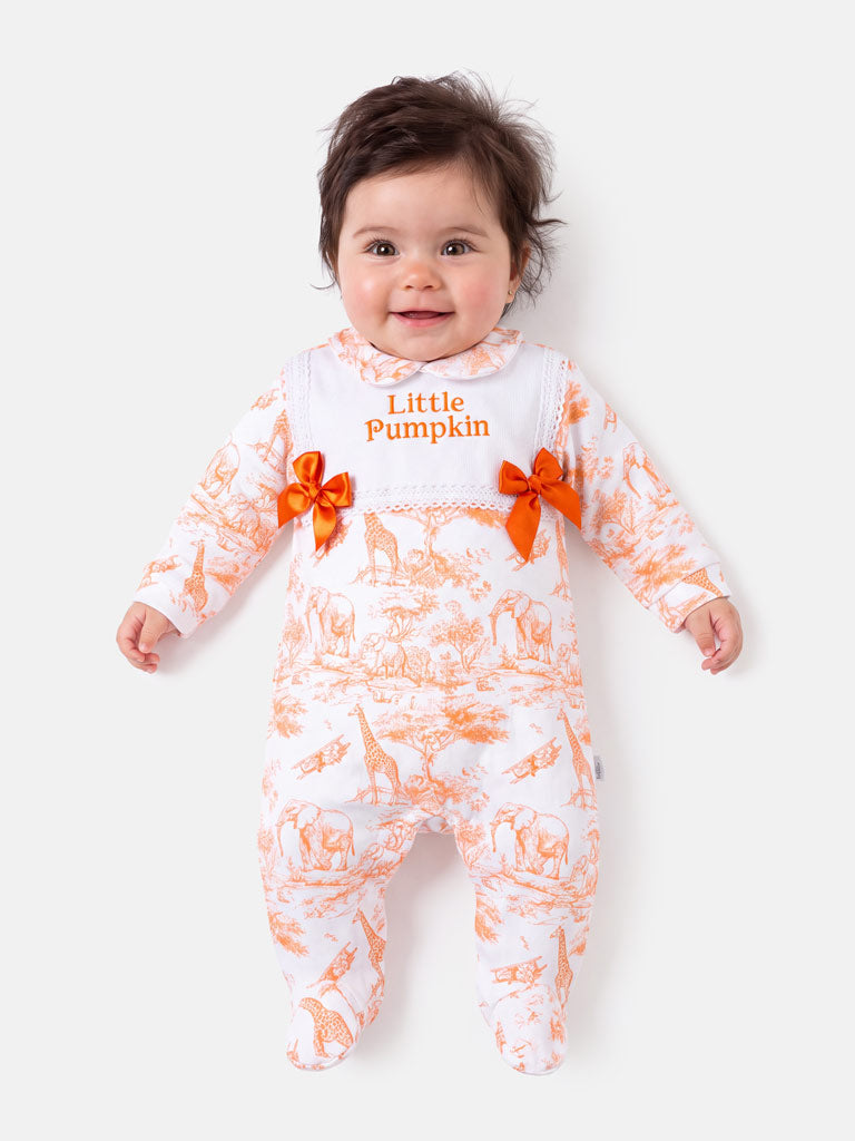 "Little Pumpkin" Embroidered Baby Grow with Satin Bows - Safari Collection - Orange