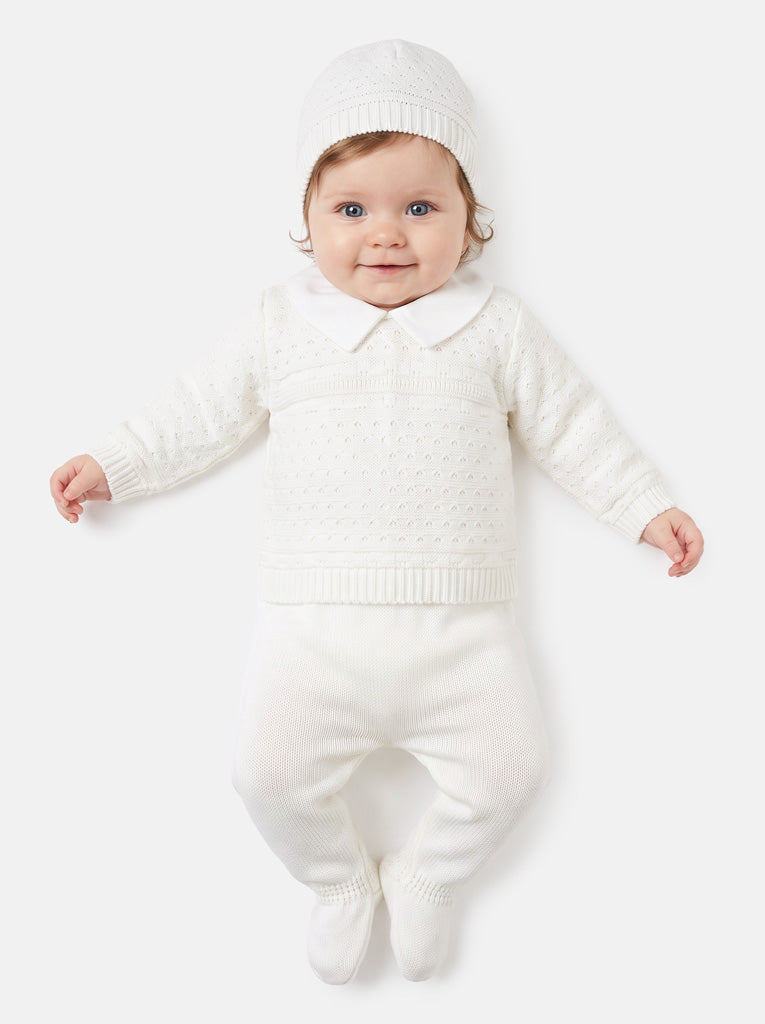 Baby Boy Dotted Textured Knitted 3-piece Gift Box Set - White