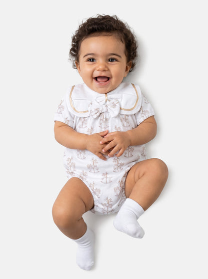 Baby Girl One-Piece Romper with Short Sleeves - Rocking Horse Collection - Beige