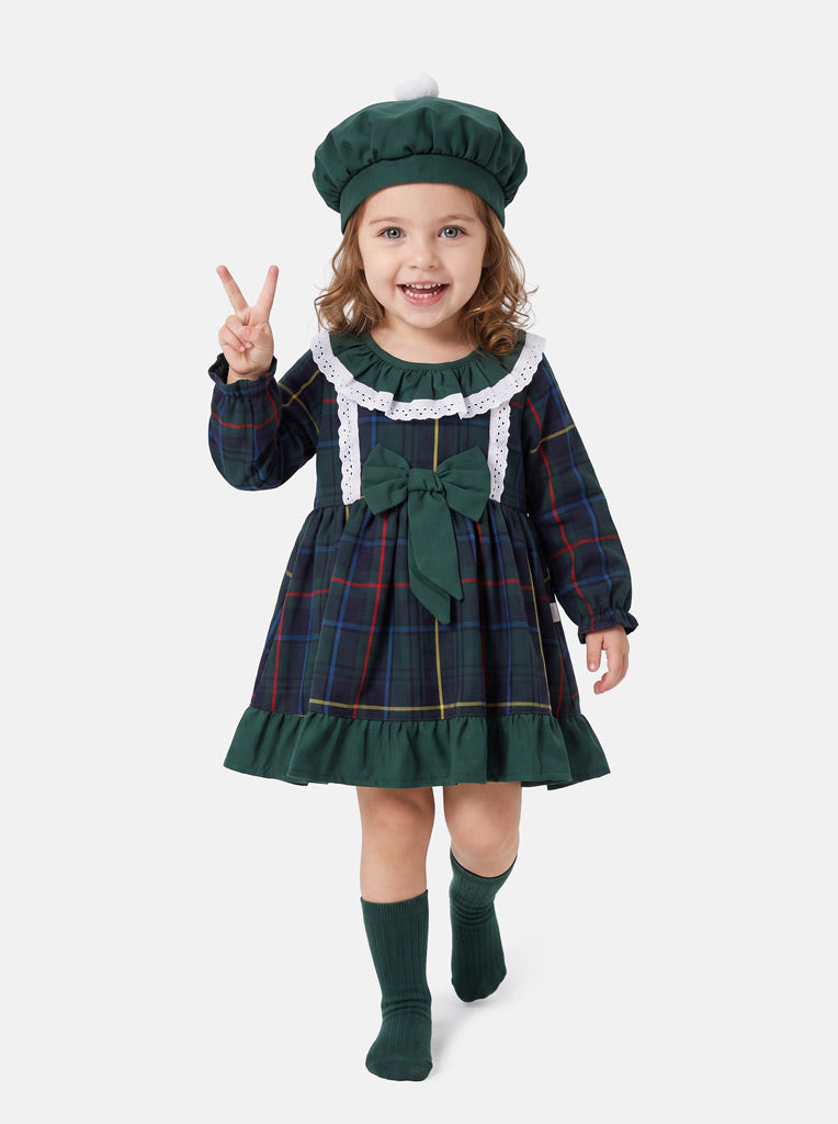 Baby Girl Star Collection Dress with Tartan Beret - Green & Tartan