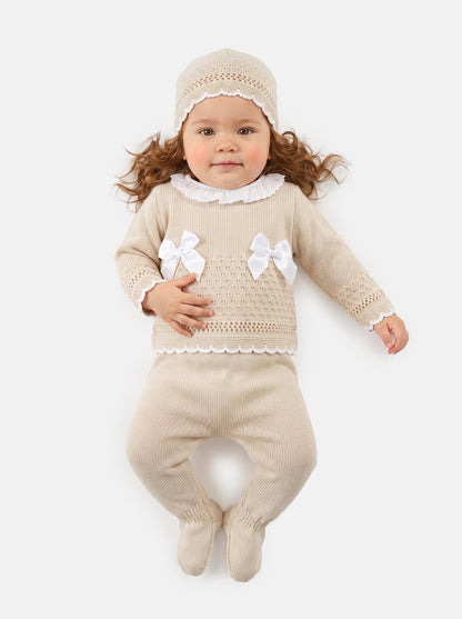 Baby Girl Satin Bows & Scalloped Trim 3-Piece Knitted Gift Box Set - Beige
